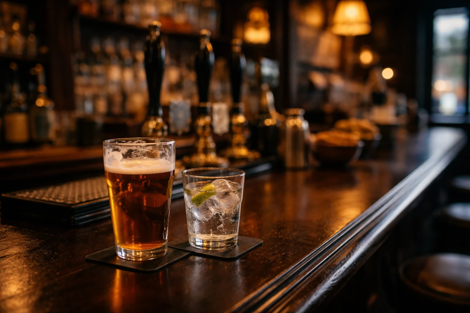 Bancone di un pub inglese con una pinta di birra e un bicchiere di bevanda analcolica accanto