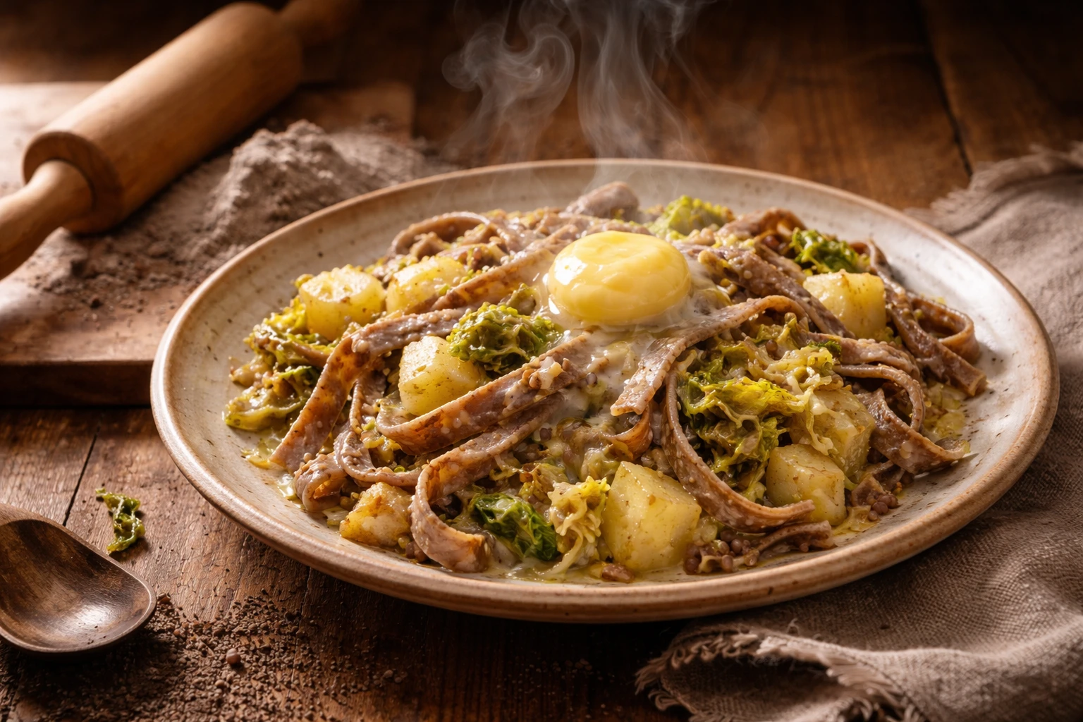 Pizzoccheri originali della Valtellina con Casera fuso, patate, verze e burro d'alpe serviti su un piatto di ceramica, accanto al matterello e alla farina di grano saraceno