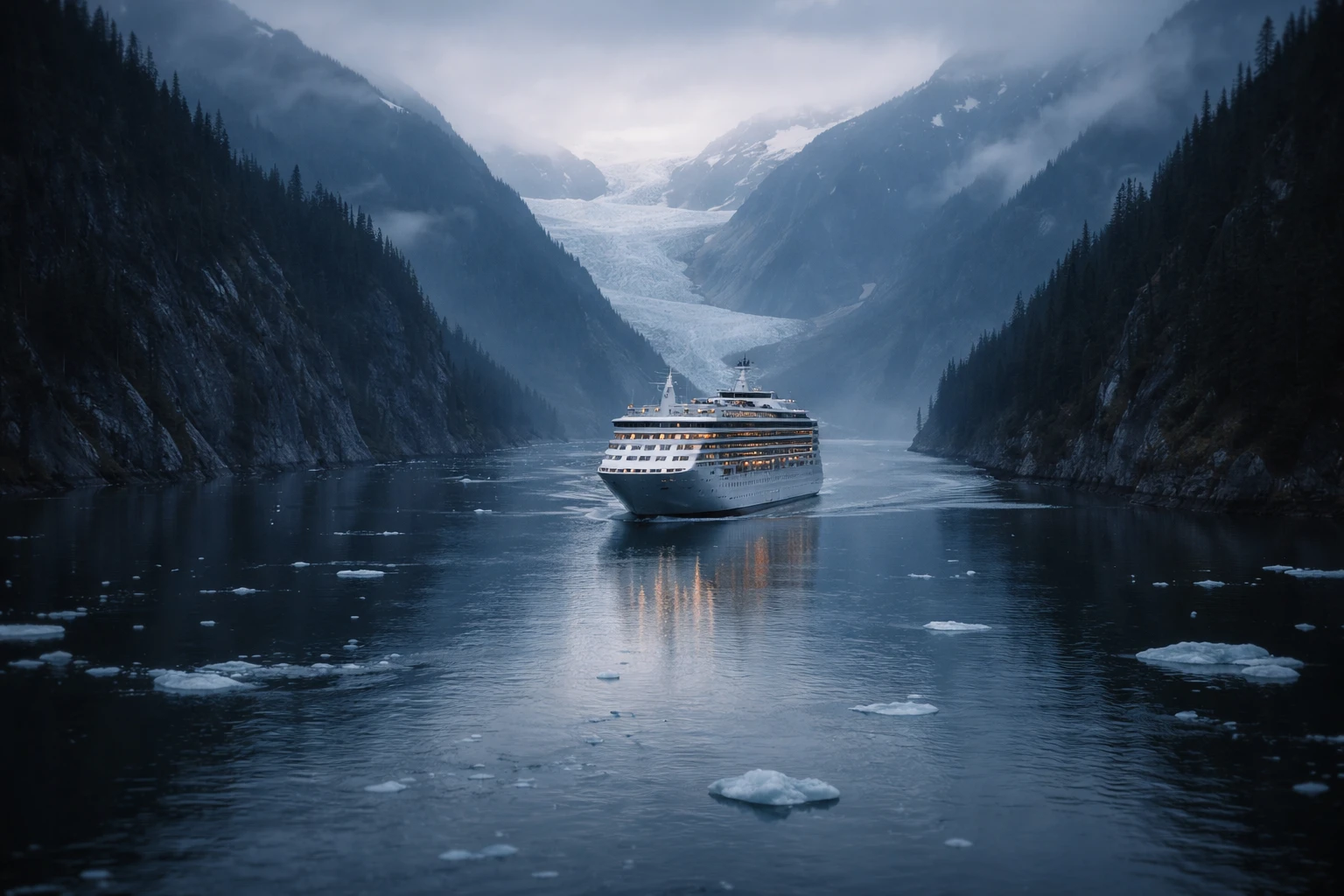 Nave da crociera in navigazione in un fiordo dell'Alaska, tra ghiacciai e pareti boscose