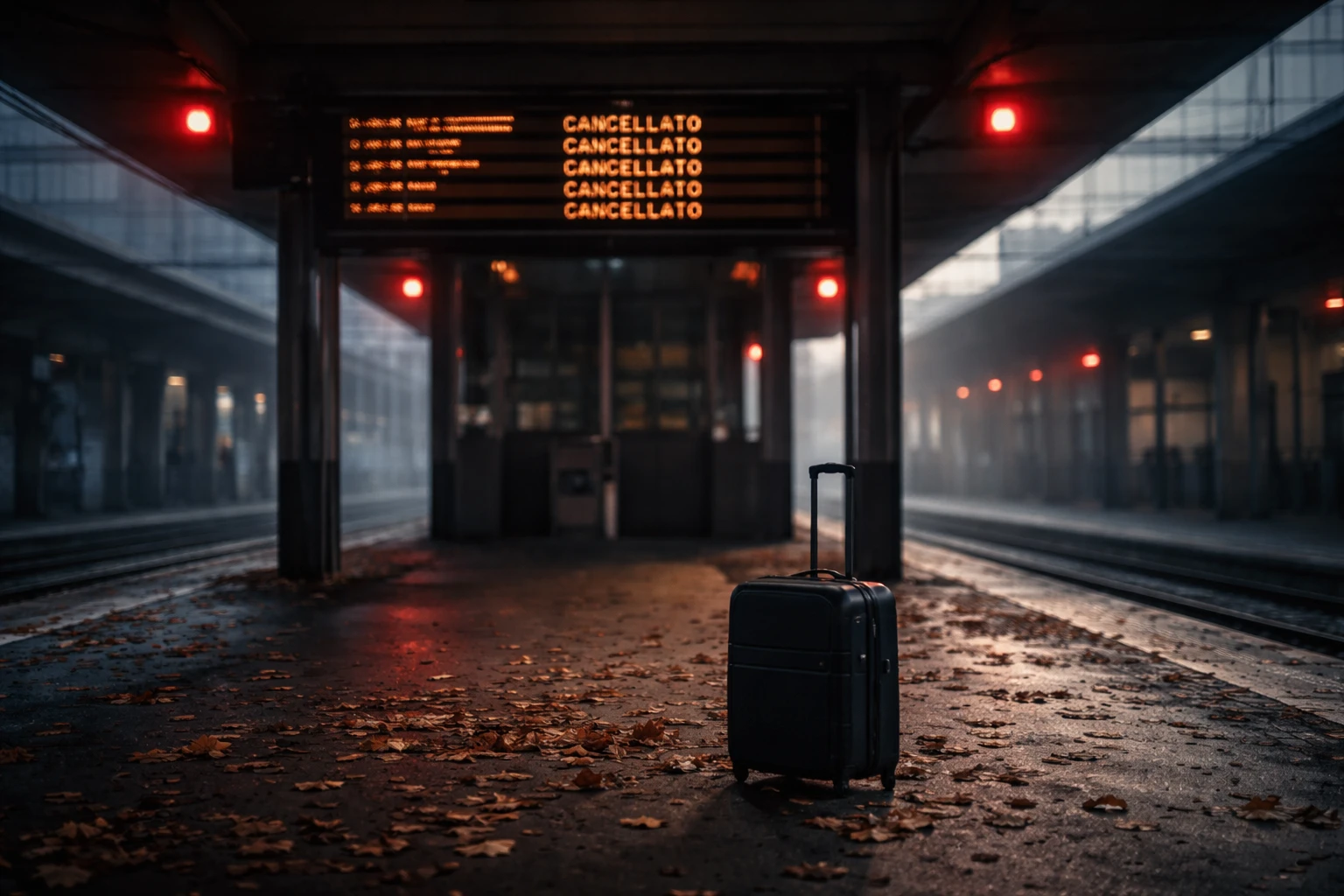 Binario chiuso in stazione con luci di emergenza rosse, valigia abbandonata e foglie autunnali