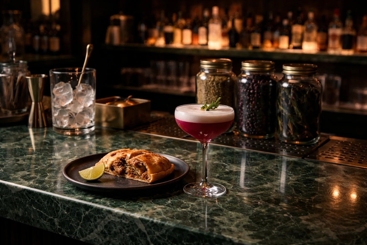Interno del cocktail bar SUR a Milano: bancone in marmo verde Alpi, drink Calafate Sour con salicornia, empanada di agnello aperta su piatto nero, barattoli di ingredienti patagonici in penombra.