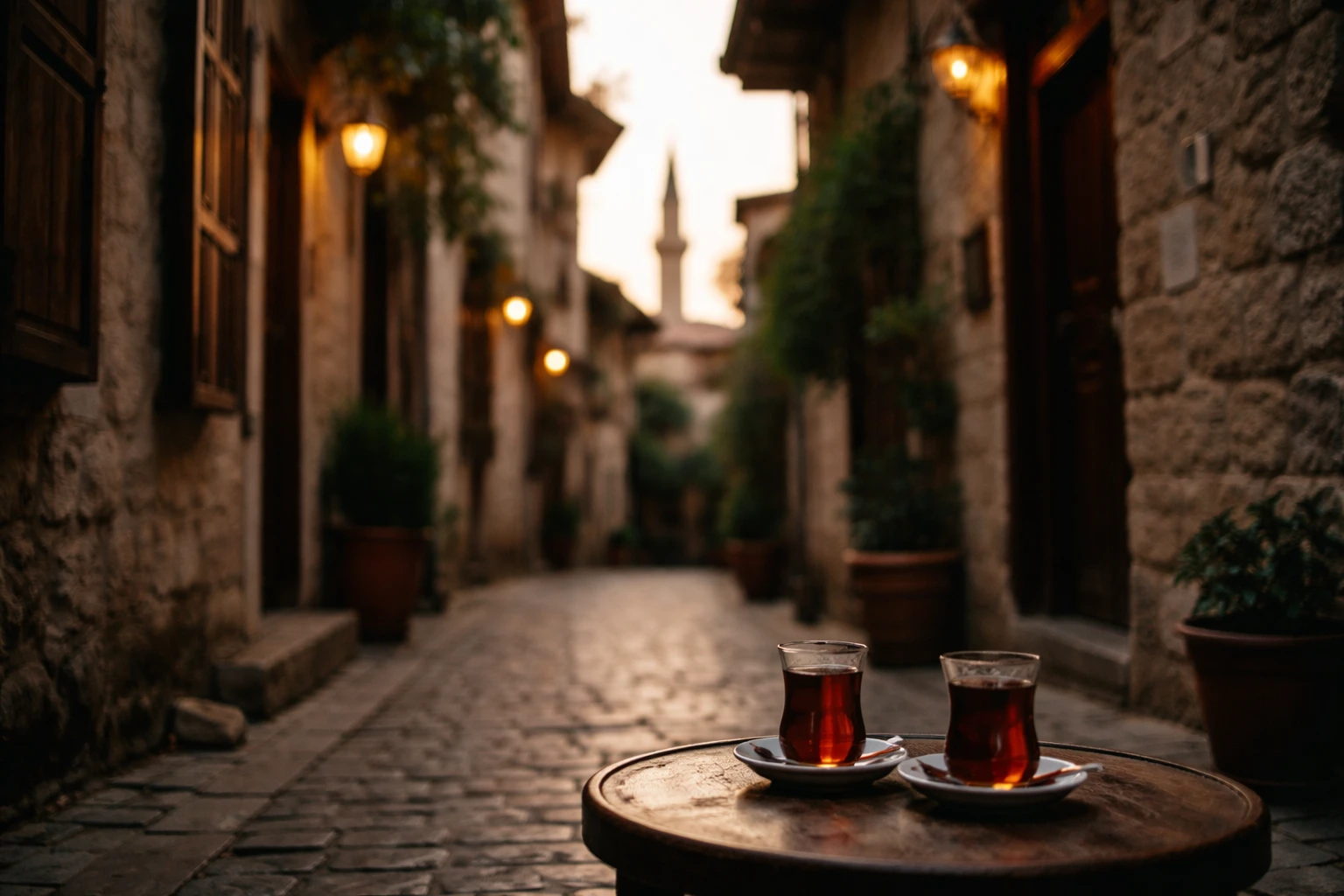 Vicolo di un quartiere poco conosciuto di Istanbul al tramonto, con bicchieri di tè su un tavolino in primo piano