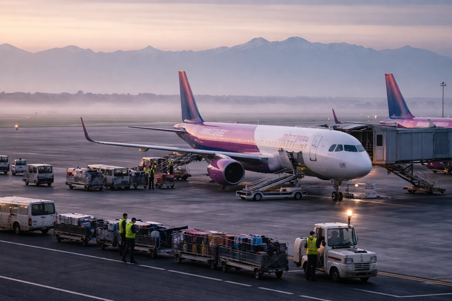 Due Airbus A321neo di Wizz Air parcheggiati ai gate dell'aeroporto di Torino Caselle all'alba, con le Alpi sullo sfondo.