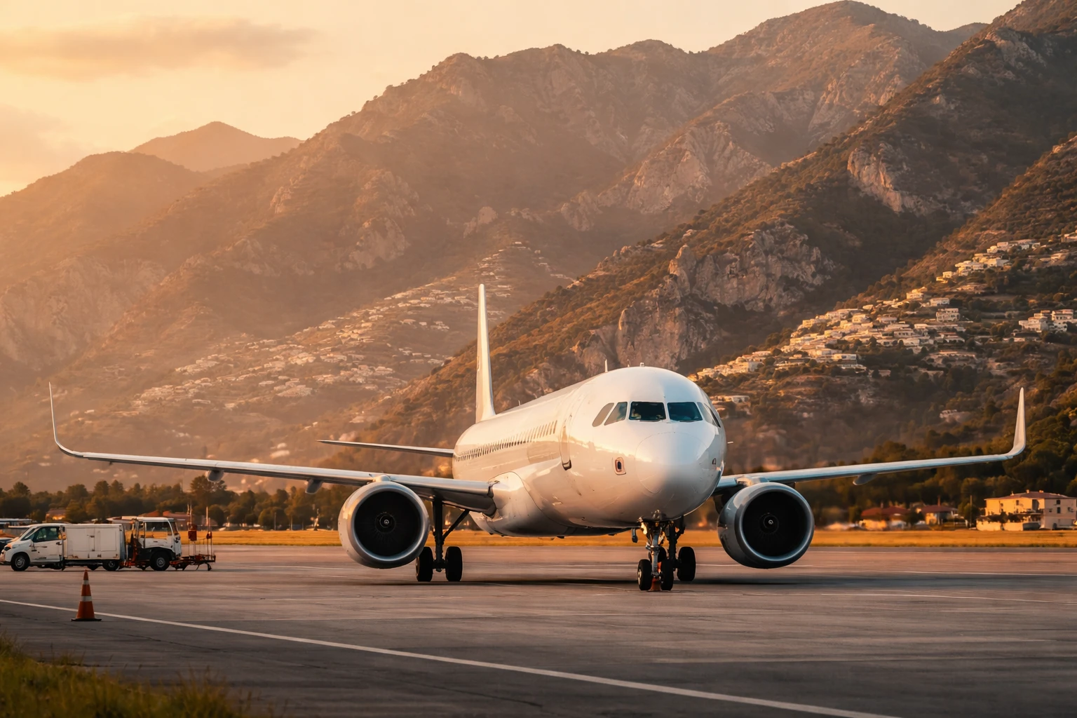 Un Airbus A321neo di Wizz Air parcheggiato sull'aeroporto di Salerno Costa d'Amalfi e del Cilento al tramonto, con le montagne della costiera sullo sfondo.