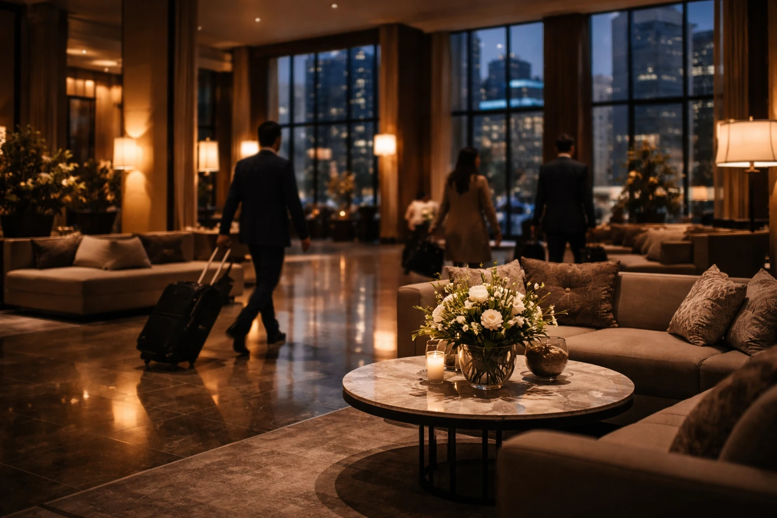 Lobby di un hotel di lusso al crepuscolo, con luci calde, pavimento in pietra e finestre che riflettono le luci della città