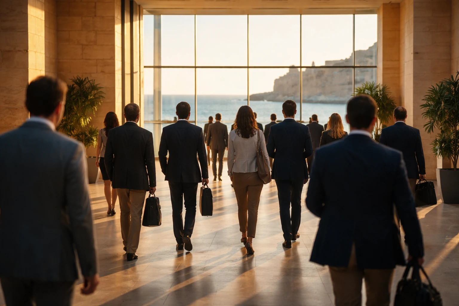 Delegati in abito formale camminano verso una parete di vetro affacciata sul mare durante il Global Summit del WTTC a La Valletta